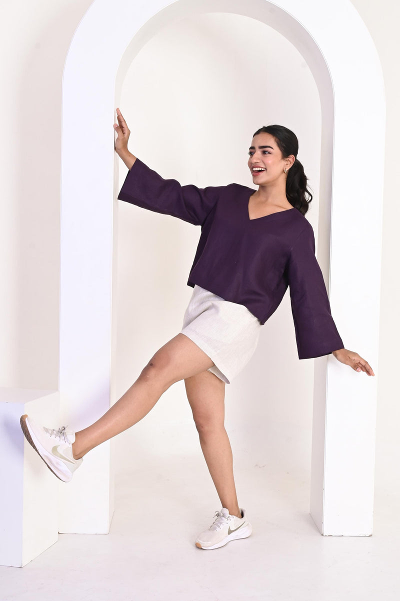 Linen loose-fit Top with V-neckline, Linen Top, Purple Blouse, Casual Top, Women Blouse, Short Shirt, Loose Fit Tee