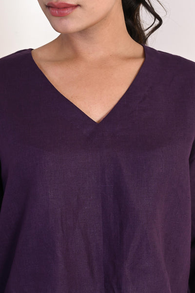 Linen loose-fit Top with V-neckline, Linen Top, Purple Blouse, Casual Top, Women Blouse, Short Shirt, Loose Fit Tee