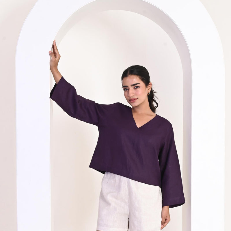 Linen loose-fit Top with V-neckline, Linen Top, Purple Blouse, Casual Top, Women Blouse, Short Shirt, Loose Fit Tee