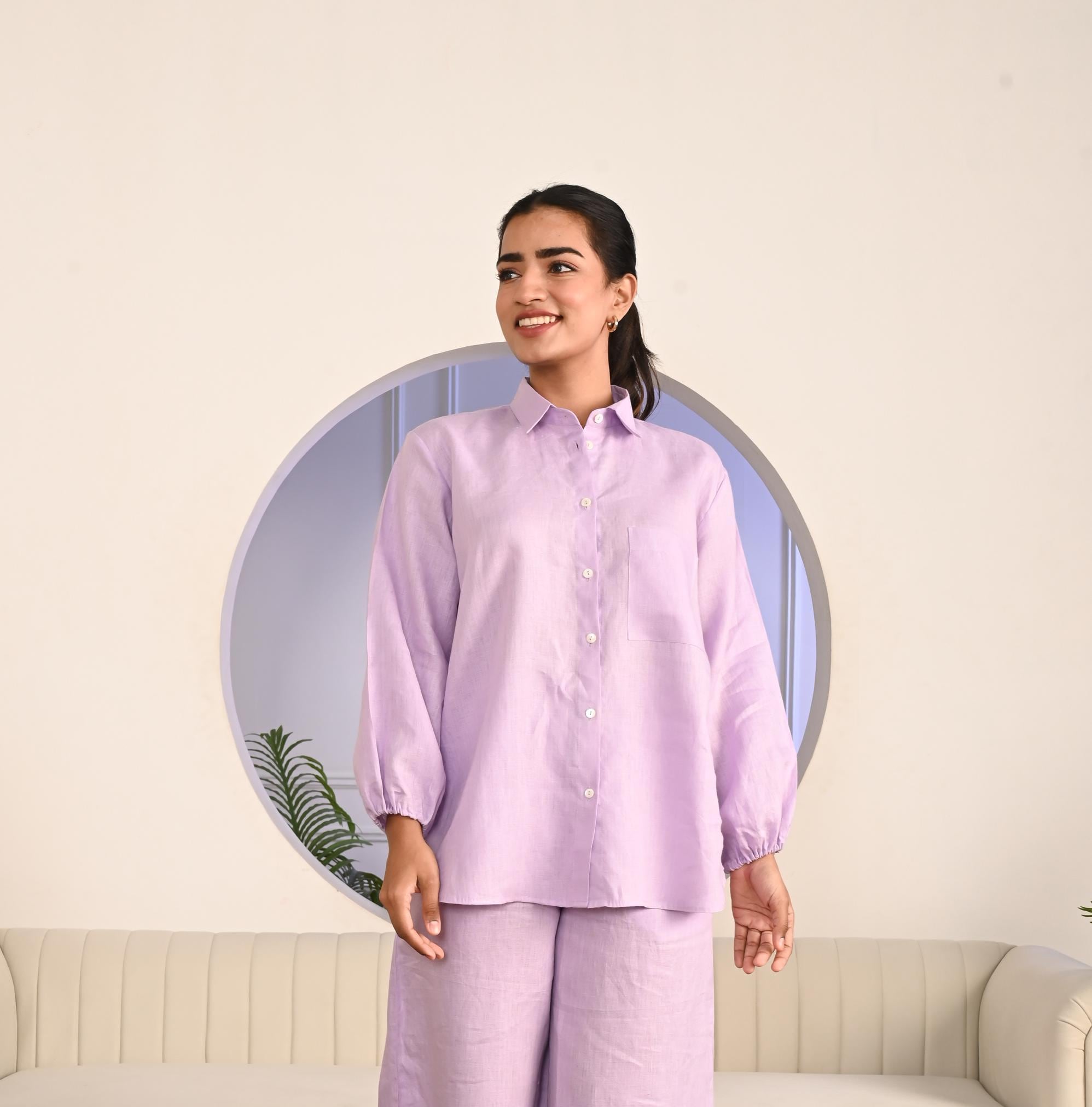 Relaxed Fit Linen Shirt: Long Sleeve Top, Elastic Cuff