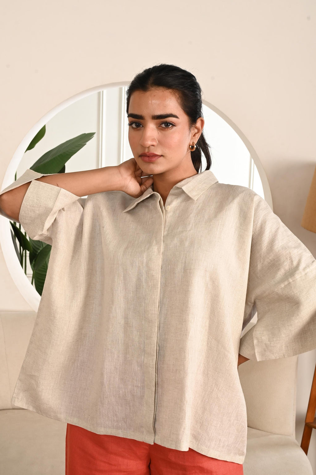 Loose Linen Collared Shirt, Custom 3/4 Sleeves, Women's 100% Linen Long Sleeves Tops Loose Casual Blouses