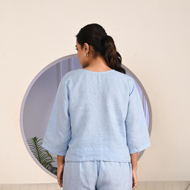 Light Blue Linen Top: Relaxed Fit 3/4 Sleeve Blouse