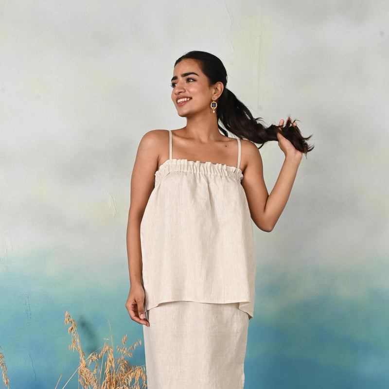 Women’s Linen Spaghetti Strap Top – Summer Ruffle Tank – Minimalist Linen Camisole – Lightweight Natural Fabric Top
