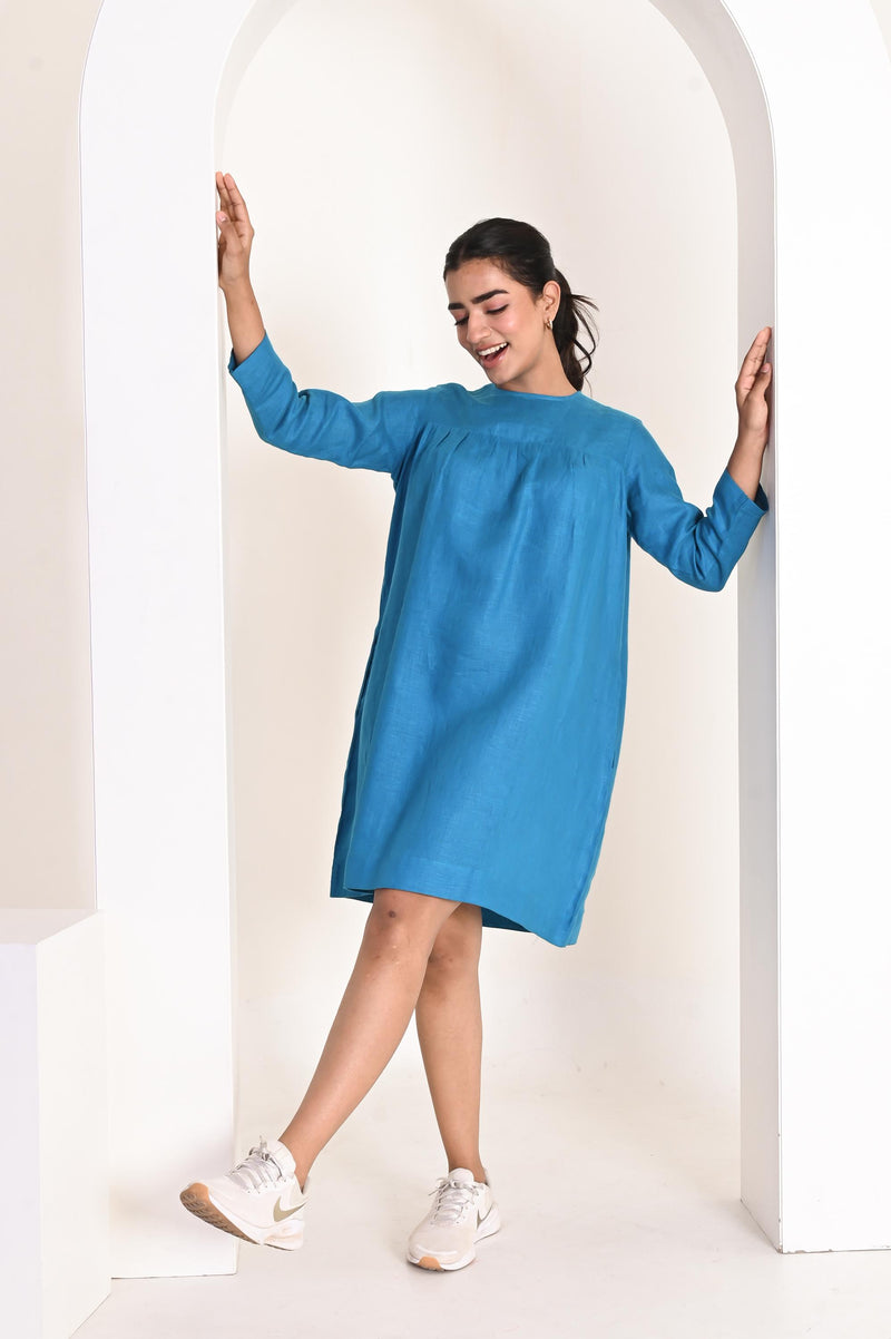 Relaxed fit Mini Dress with Gathered Yoke, 3/4 Sleeve Linen Dress, soft linen dresses, , plus size linendress, boho linendress
