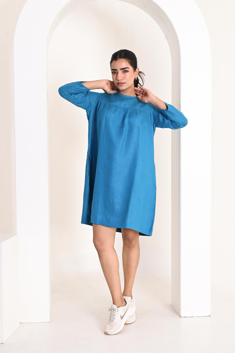 Relaxed fit Mini Dress with Gathered Yoke, 3/4 Sleeve Linen Dress, soft linen dresses, , plus size linendress, boho linendress