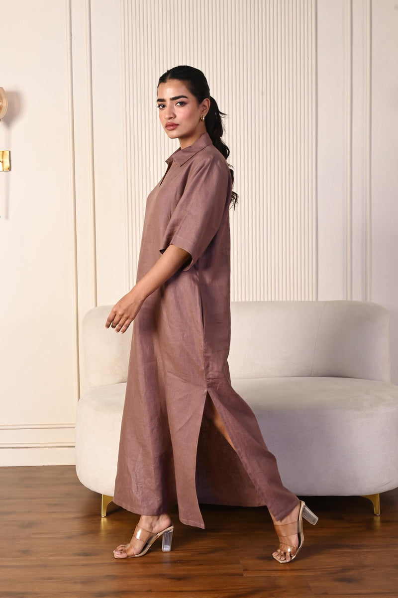 Collared Maxi Dress, Brown Linen Dress,