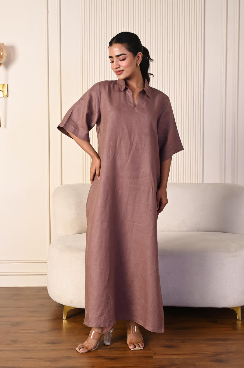 Collared Maxi Dress, Brown Linen Dress,