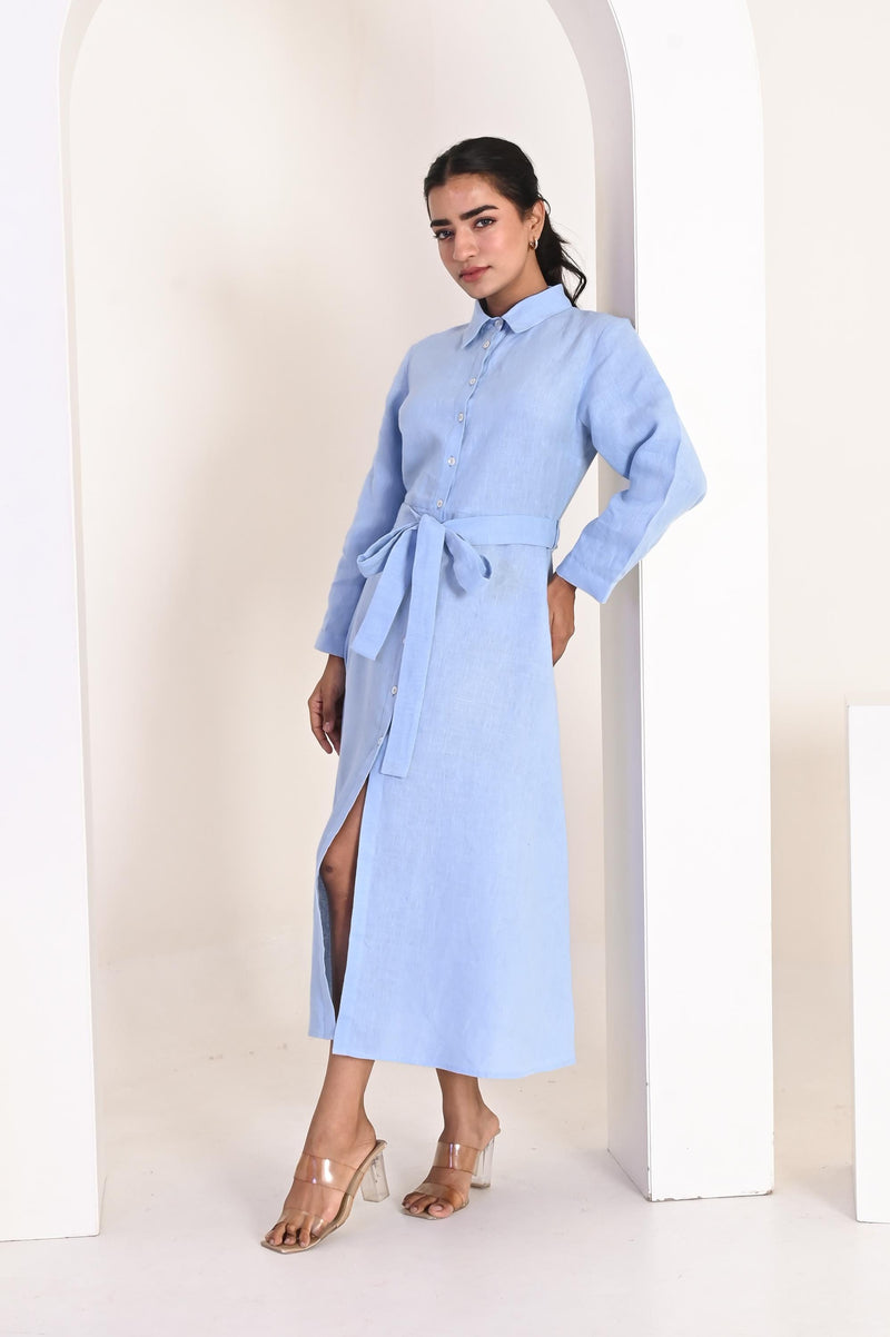 Sky Blue Linen Button up Dress, Linen Shirt Collar Dress With Belt, linen fitted dress, Linen maxi dress, shirt dress, vintage dresses
