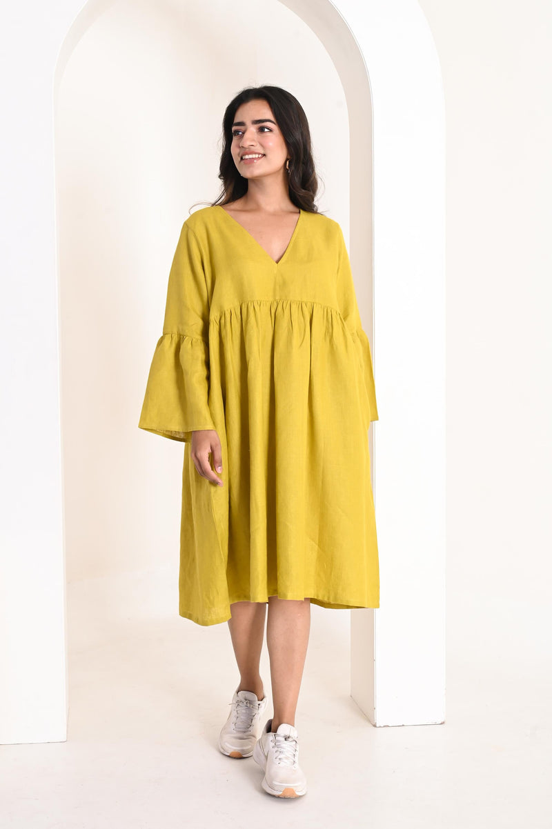 Linen Midi Dress V-Neck Bell Sleeve Gathered Smock Dress Chartreuse Yellow Boho Babydoll Dress Soft Gathered Flowy Dress, Cocktail Dress