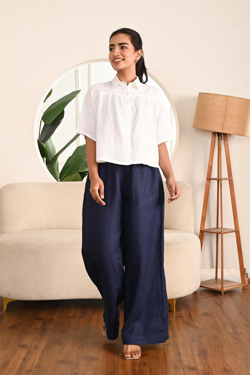 Wide Leg Linen Palazzo Pants: Elastic Waist Culottes, High Rise, Side pockets