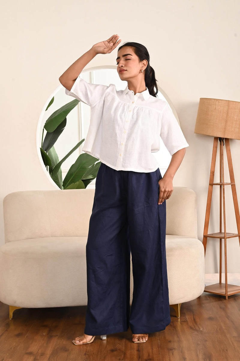 Wide Leg Linen Palazzo Pants: Elastic Waist Culottes, High Rise, Side pockets