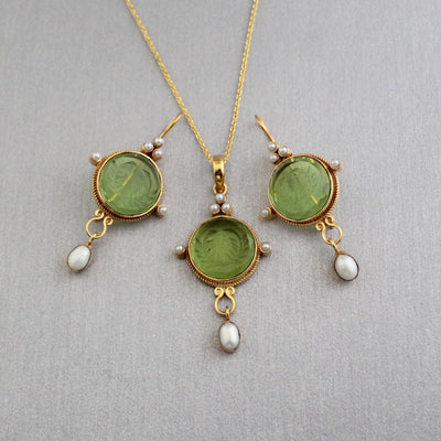 Green Crystal Laurel Wreath Intaglio Earrings, Gold Dangles, photo 7