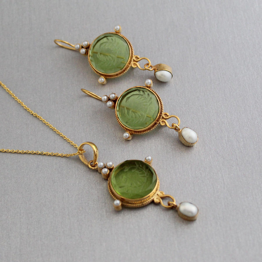 Green Crystal Laurel Wreath Intaglio Earrings, Gold Dangles, photo 5
