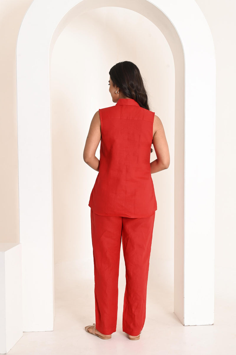 Blood Red Sleeveless Linen Co-ord Set with Collared Top and Straight Pants, Minimalist Summer Two Piece Set, Linen top and pants set