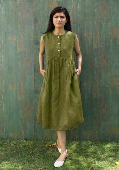 Sleeveless Green Linen Tunic Dress with Buttons | Summer Loose Fit Midi Dress | Minimalist Linen Clothing with Pockets, Smoked Tunic Dress
