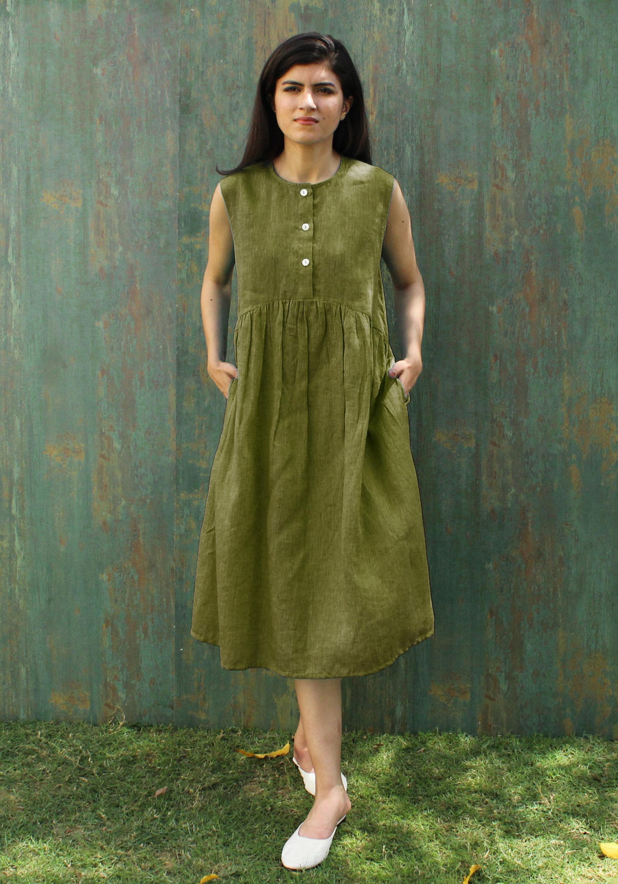 Sleeveless Green Linen Tunic Dress with Buttons | Summer Loose Fit Midi Dress | Minimalist Linen Clothing with Pockets, Smoked Tunic Dress