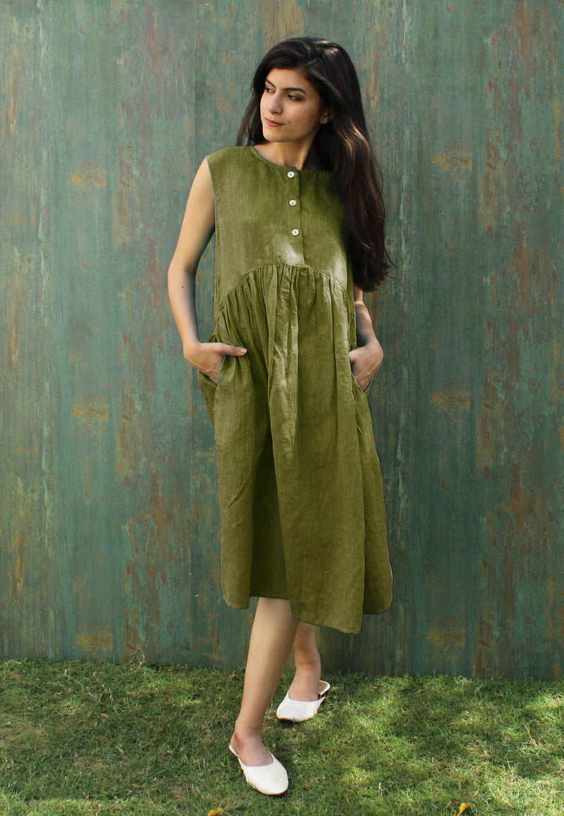 Sleeveless Green Linen Tunic Dress with Buttons | Summer Loose Fit Midi Dress | Minimalist Linen Clothing with Pockets, Smoked Tunic Dress
