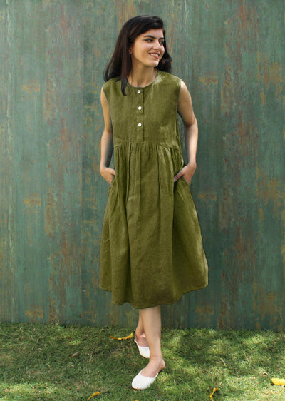 Sleeveless Green Linen Tunic Dress with Buttons | Summer Loose Fit Midi Dress | Minimalist Linen Clothing with Pockets, Smoked Tunic Dress