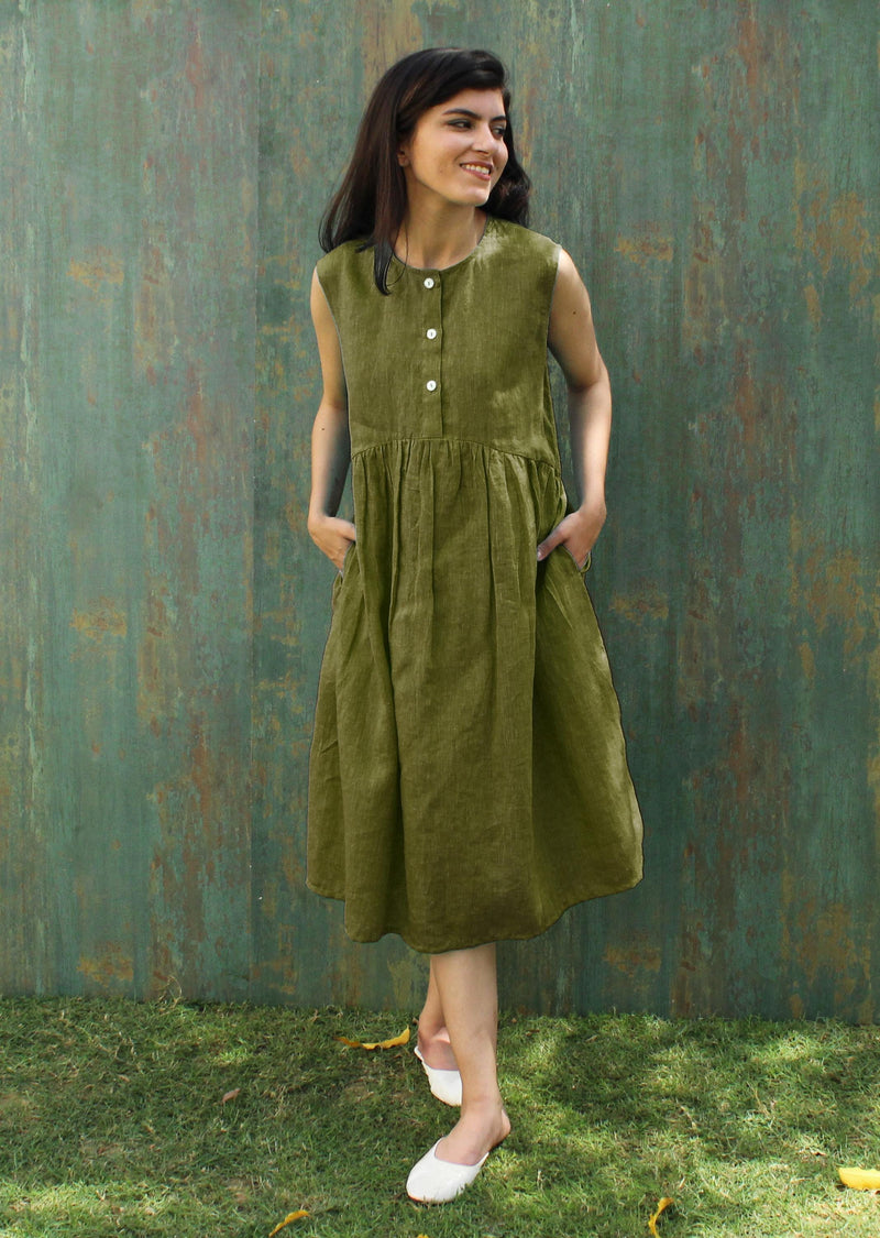 Sleeveless Green Linen Tunic Dress with Buttons | Summer Loose Fit Midi Dress | Minimalist Linen Clothing with Pockets, Smoked Tunic Dress