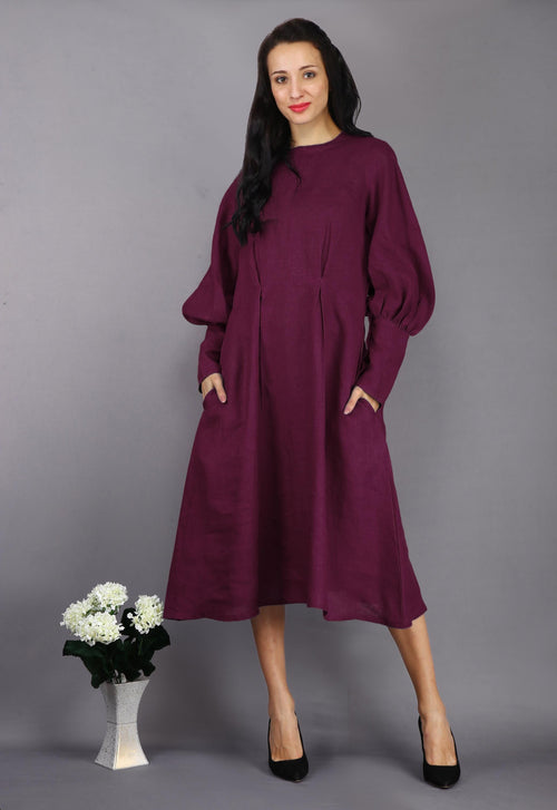 Balloon Sleeve Linen Dress, Linen Midi Dress, timeless linen outfit for formal and casual occasions, Plus Size Clothing