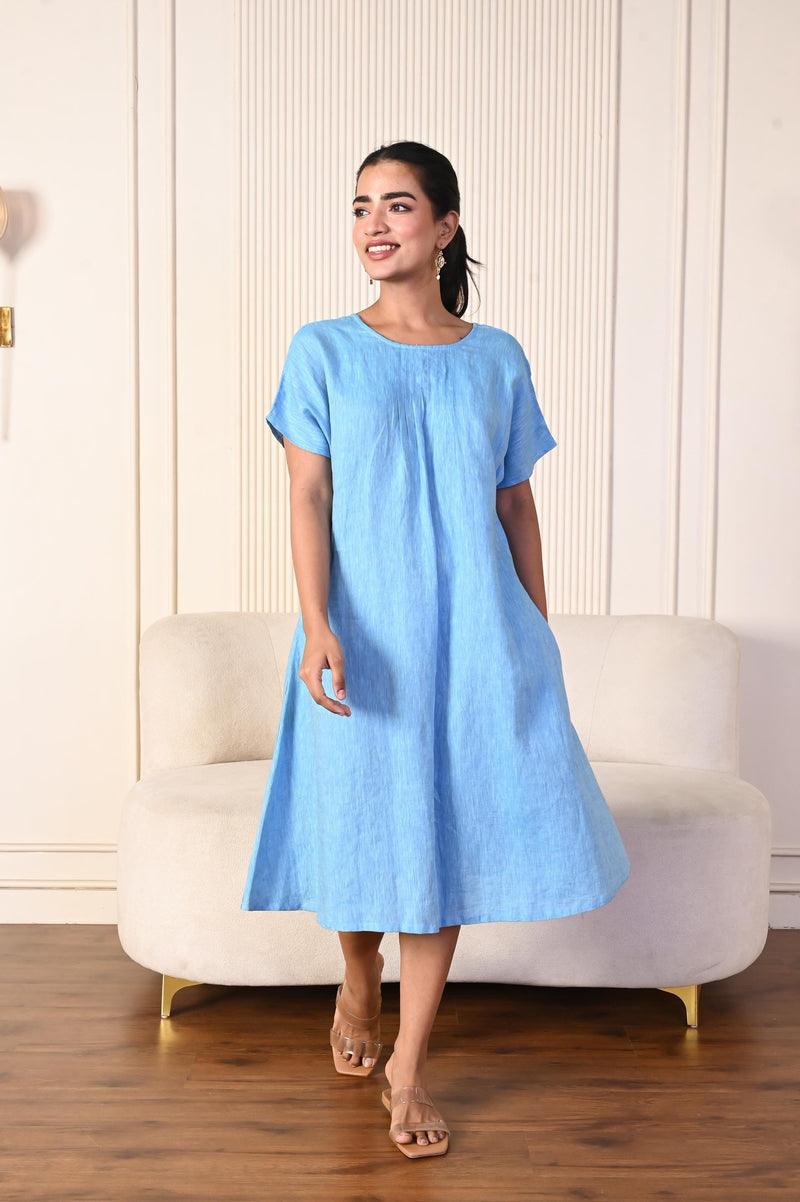 Blue Relaxed Fit Linen Midi Dress