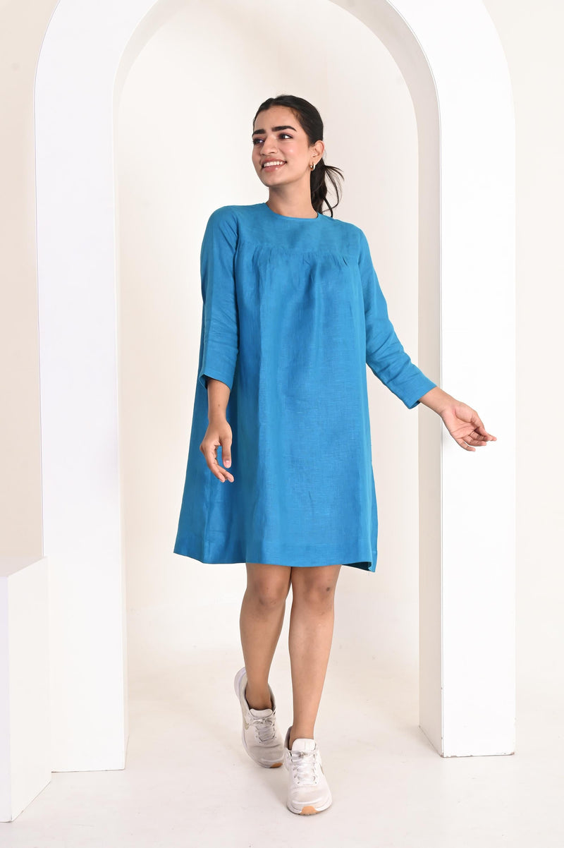Relaxed fit Mini Dress with Gathered Yoke, 3/4 Sleeve Linen Dress, soft linen dresses, , plus size linendress, boho linendress