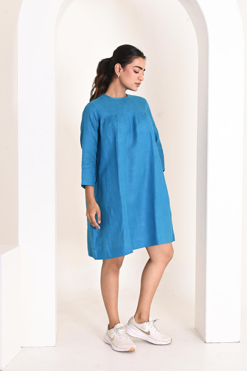 Relaxed fit Mini Dress with Gathered Yoke, 3/4 Sleeve Linen Dress, soft linen dresses, , plus size linendress, boho linendress