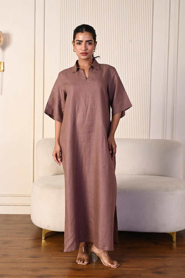 Collared Maxi Dress, Brown Linen Dress,