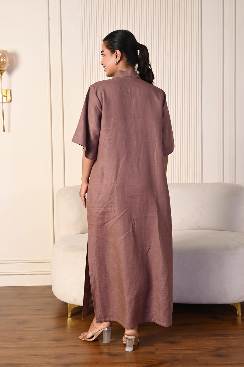 Collared Maxi Dress, Brown Linen Dress,