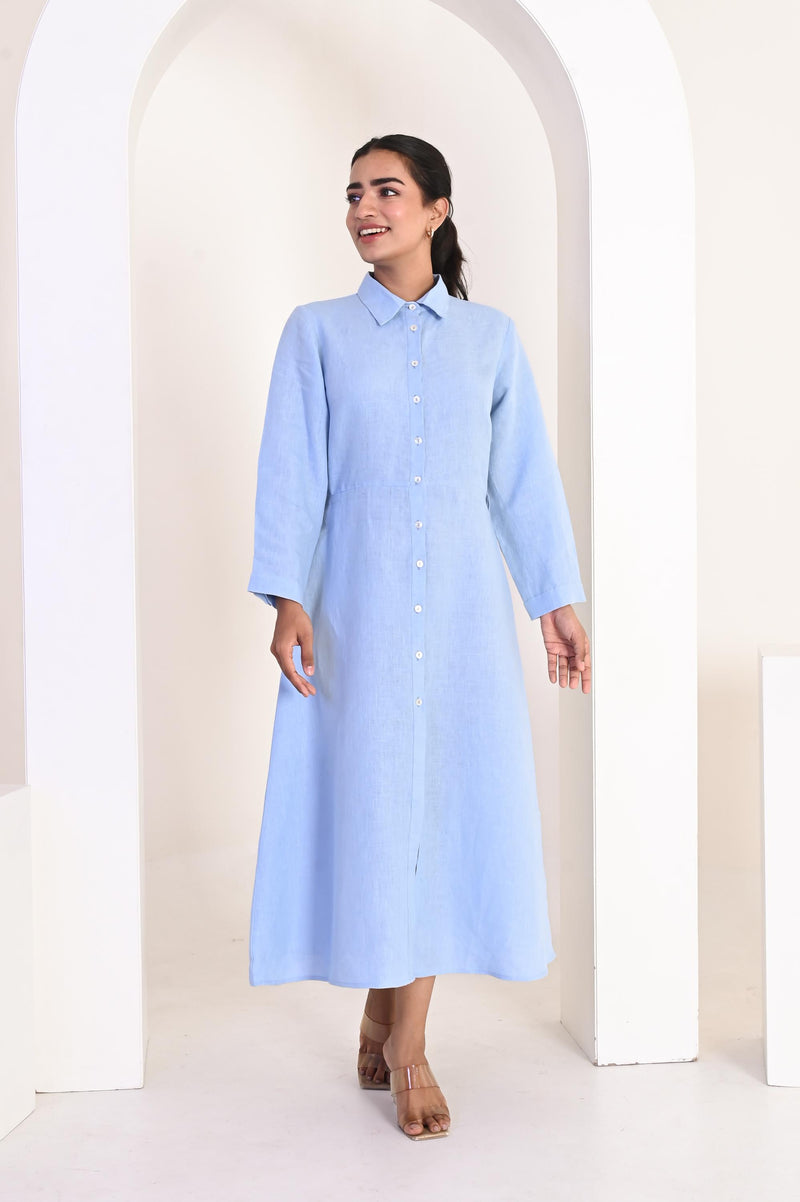 Sky Blue Linen Button up Dress, Linen Shirt Collar Dress With Belt, linen fitted dress, Linen maxi dress, shirt dress, vintage dresses