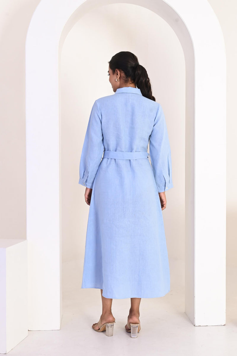 Sky Blue Linen Button up Dress, Linen Shirt Collar Dress With Belt, linen fitted dress, Linen maxi dress, shirt dress, vintage dresses