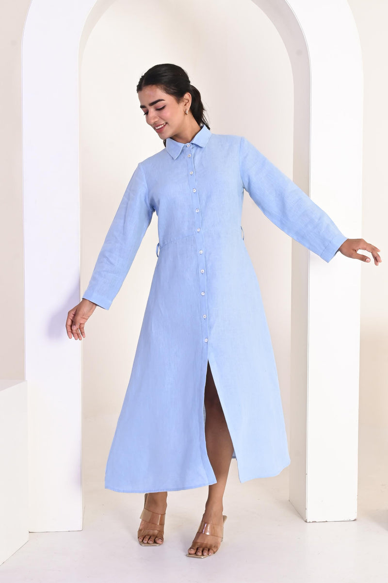 Sky Blue Linen Button up Dress, Linen Shirt Collar Dress With Belt, linen fitted dress, Linen maxi dress, shirt dress, vintage dresses