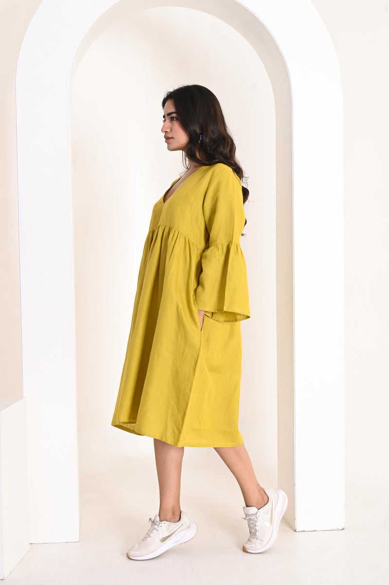 Linen Midi Dress V-Neck Bell Sleeve Gathered Smock Dress Chartreuse Yellow Boho Babydoll Dress Soft Gathered Flowy Dress, Cocktail Dress