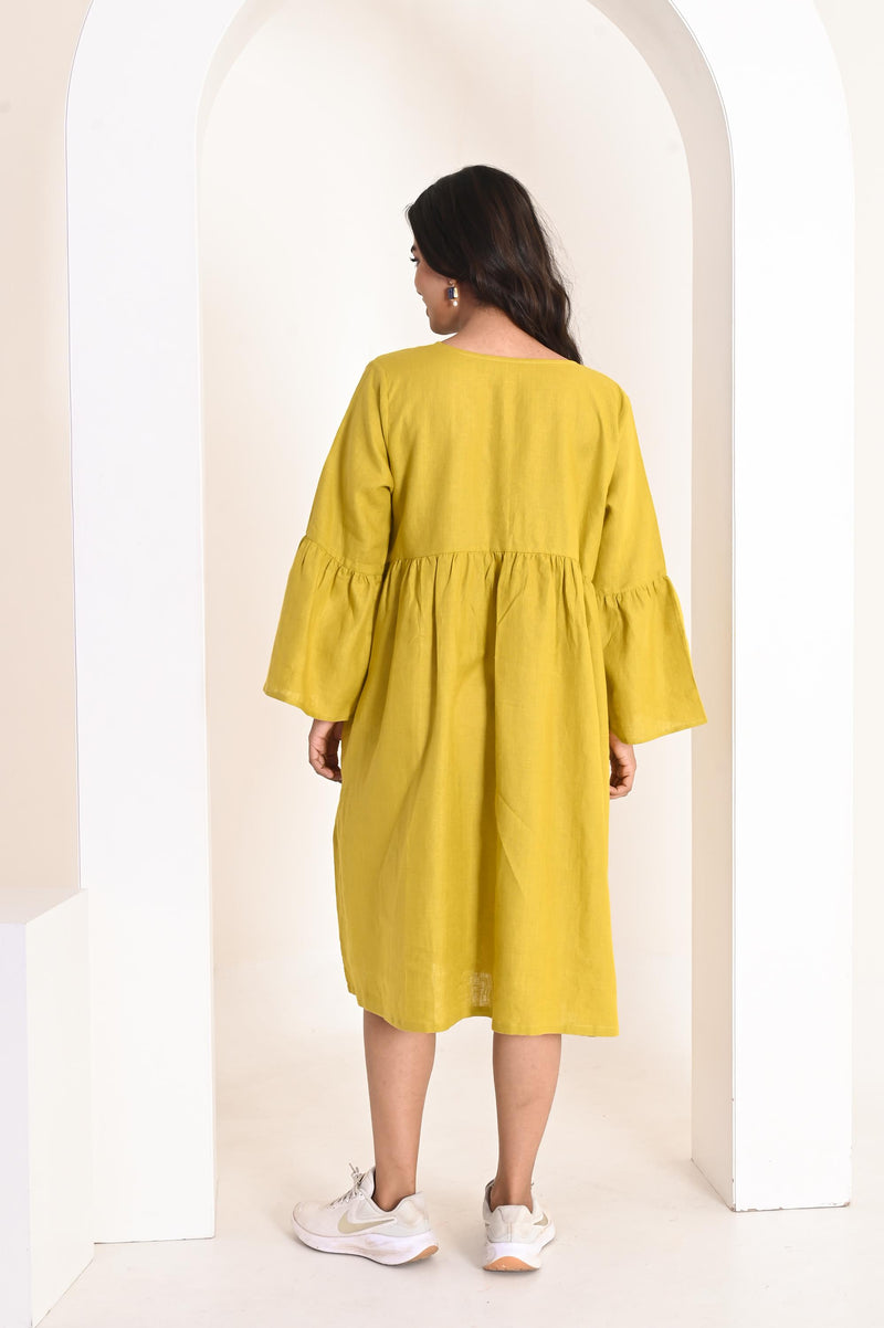 Linen Midi Dress V-Neck Bell Sleeve Gathered Smock Dress Chartreuse Yellow Boho Babydoll Dress Soft Gathered Flowy Dress, Cocktail Dress