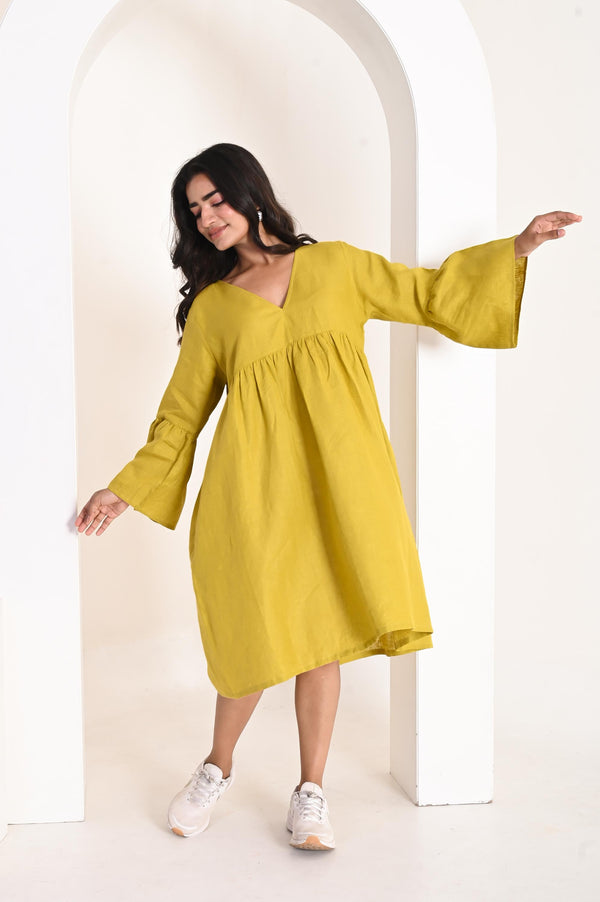 Linen Midi Dress V-Neck Bell Sleeve Gathered Smock Dress Chartreuse Yellow Boho Babydoll Dress Soft Gathered Flowy Dress, Cocktail Dress