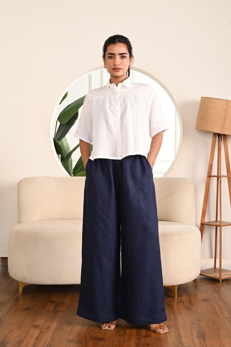 Wide Leg Linen Palazzo Pants: Elastic Waist Culottes, High Rise, Side pockets