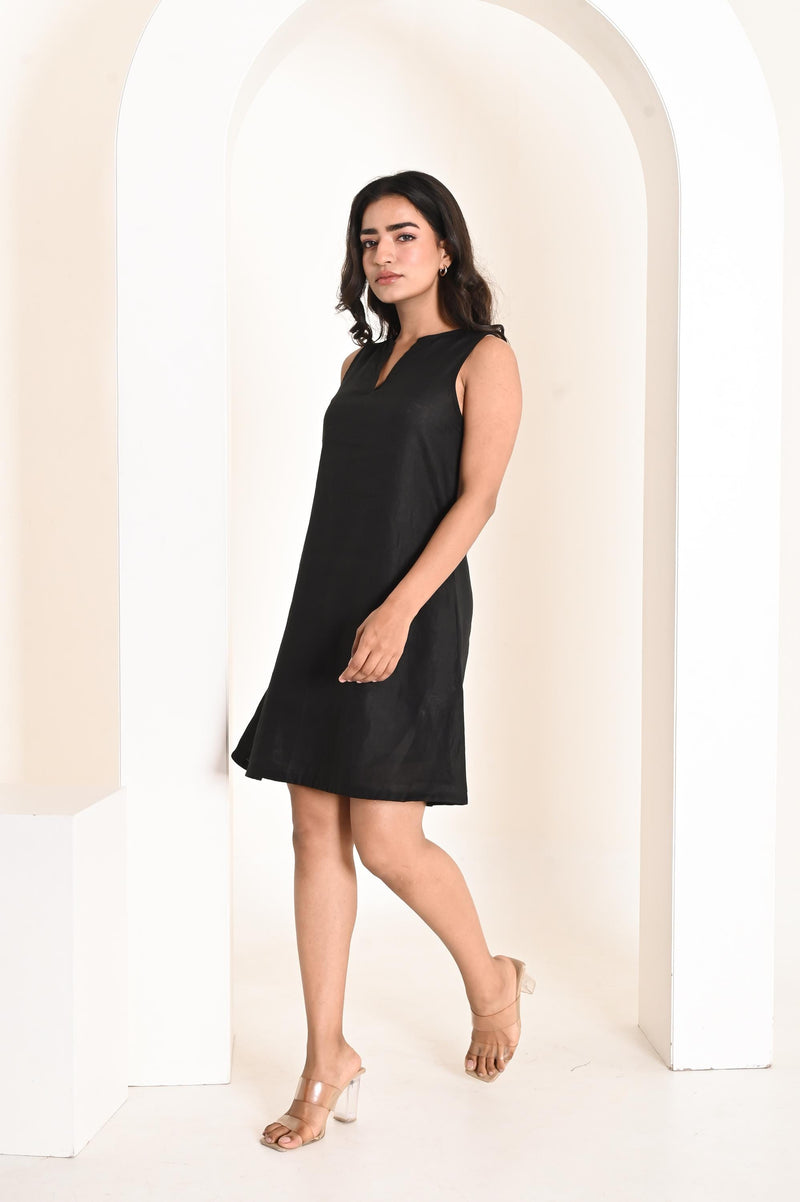 Handmade Linen Mini Dress: Sleeveless A-Line Split Neck, side pockets