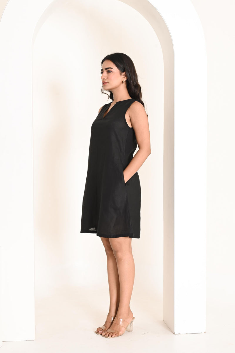 Handmade Linen Mini Dress: Sleeveless A-Line Split Neck, side pockets