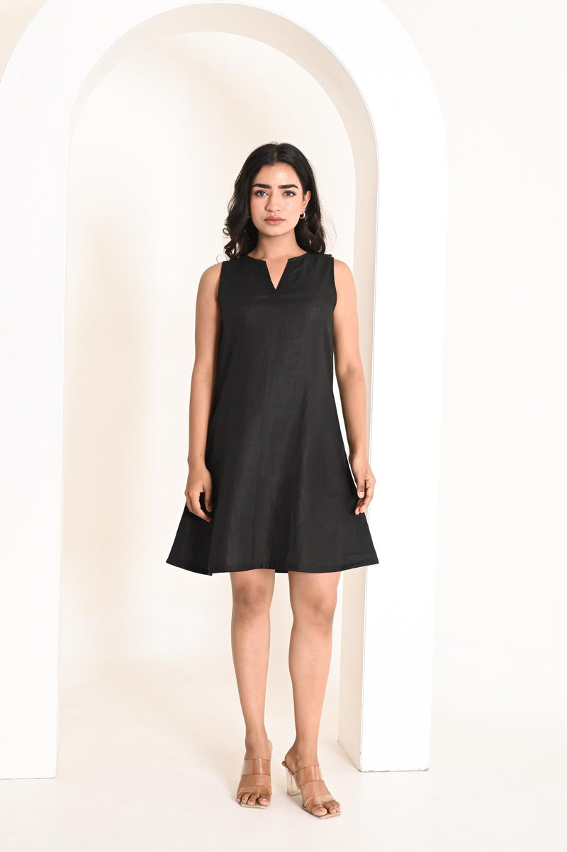 Handmade Linen Mini Dress: Sleeveless A-Line Split Neck, side pockets
