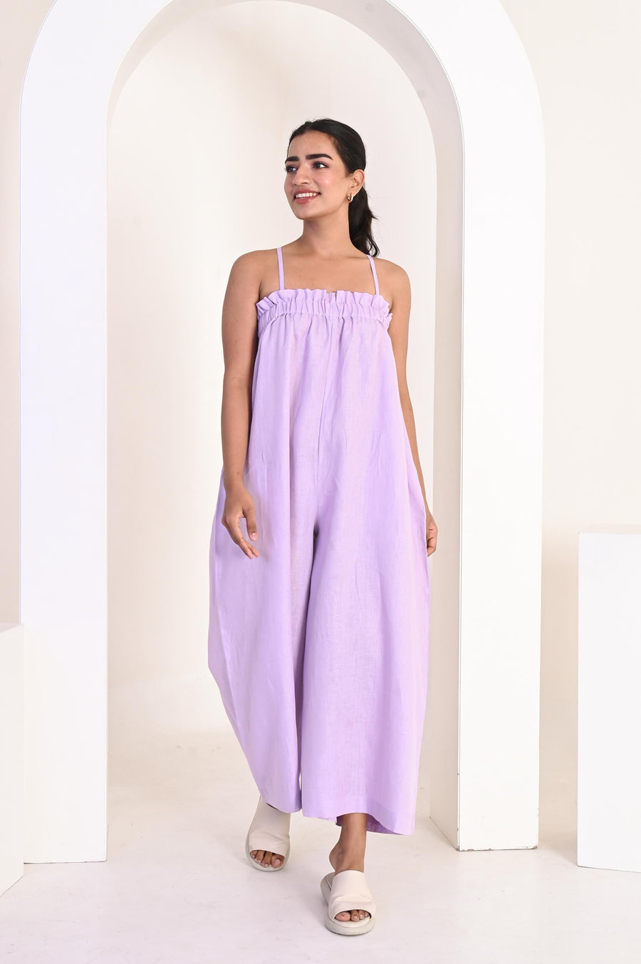 Wide-Leg Linen Jumpsuit with Spaghetti Straps, Plus Size Maxi with Pockets, Boho Wide Leg Romper