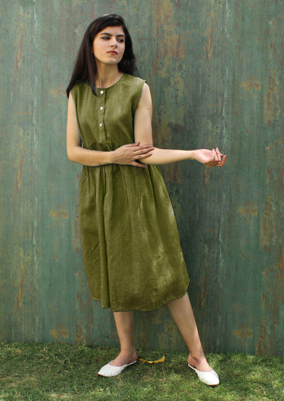 Sleeveless Green Linen Tunic Dress with Buttons | Summer Loose Fit Midi Dress | Minimalist Linen Clothing with Pockets, Smoked Tunic Dress