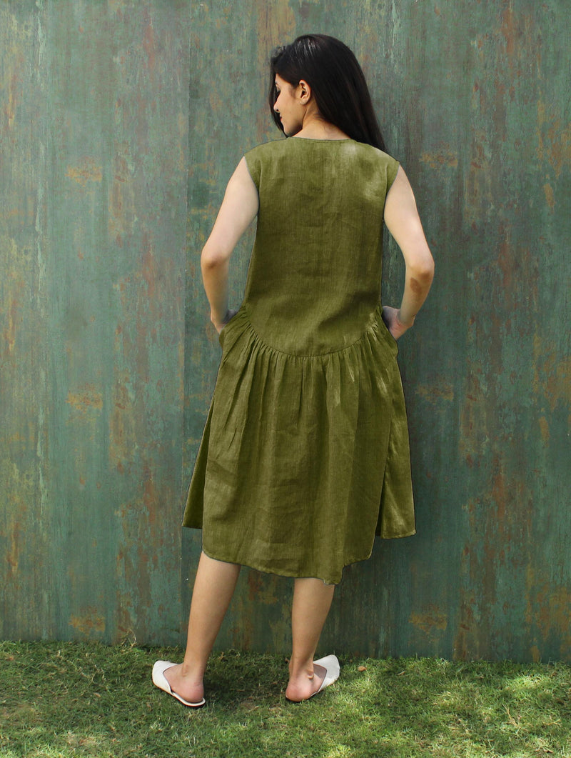 Sleeveless Green Linen Tunic Dress with Buttons | Summer Loose Fit Midi Dress | Minimalist Linen Clothing with Pockets, Smoked Tunic Dress