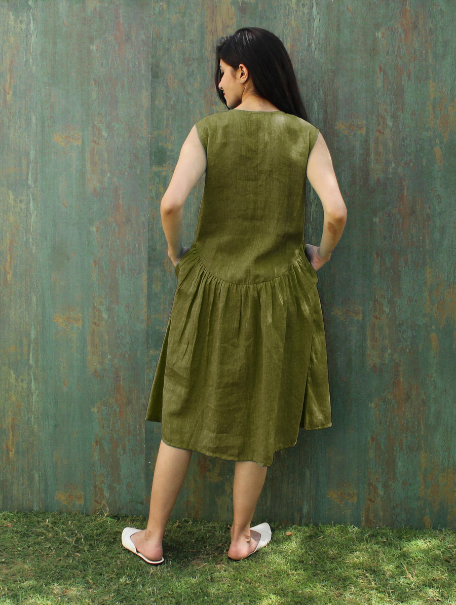 Sleeveless Green Linen Tunic Dress with Buttons | Summer Loose Fit Midi Dress | Minimalist Linen Clothing with Pockets, Smoked Tunic Dress