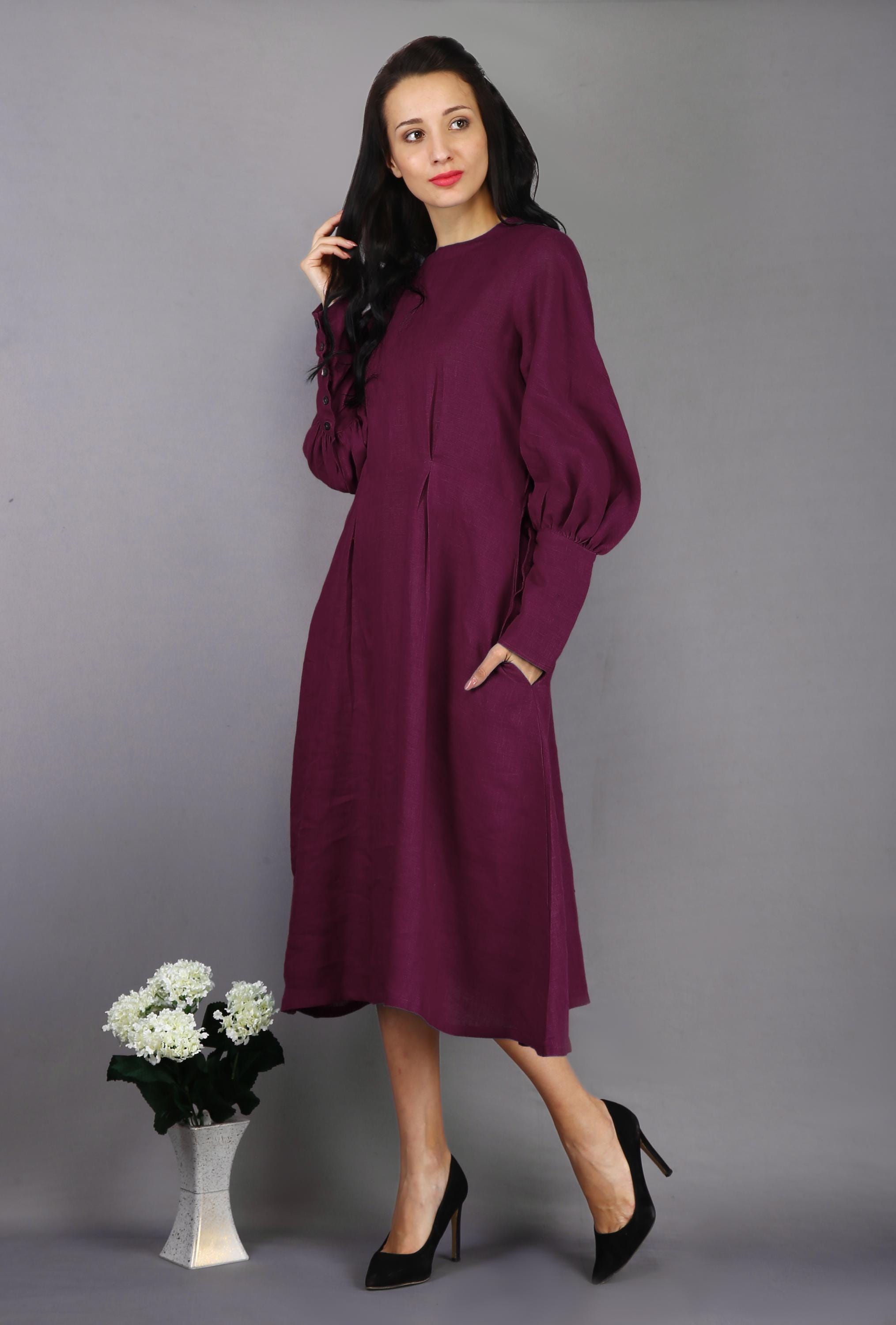 Balloon Sleeve Linen Midi Dress | PehroDesign