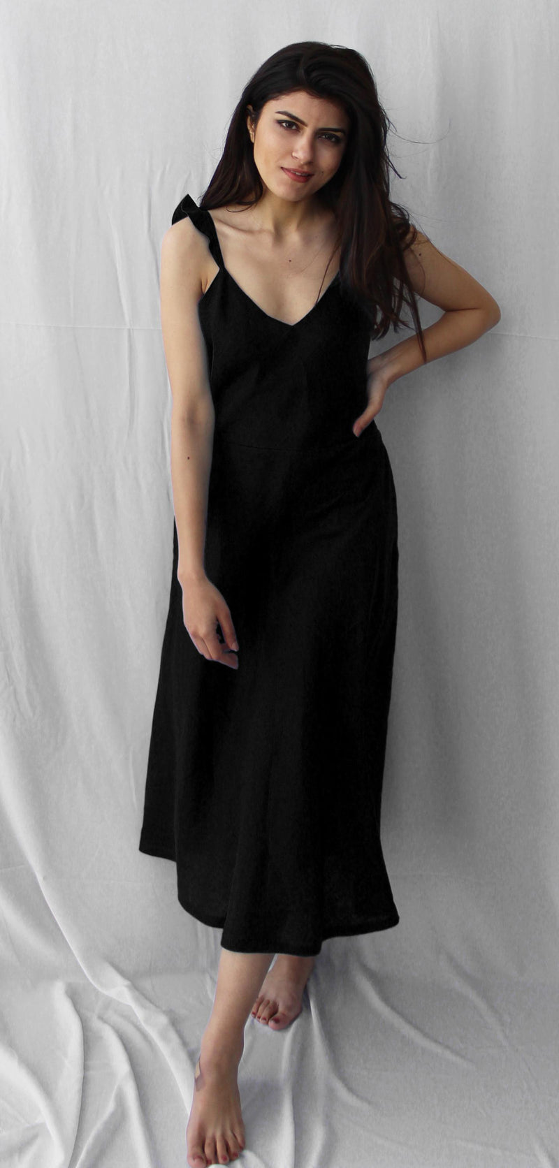 Black Linen Tunic, Sleeveless Summer Dress, Loose Fit Linen Clothing, Long Linen Dress, Linen Spaghetti Strap Dress, Plus Size Clothing