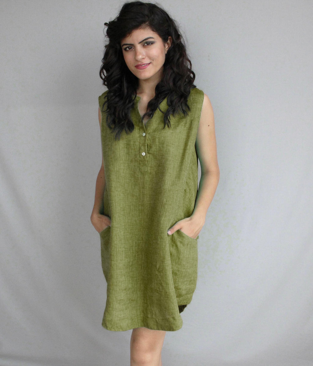Linen Mini Dress with Pockets, Relaxed Fit Casual Dress, Oversized Linen Tunic Dress, Sleeveless Beach Cover-Up