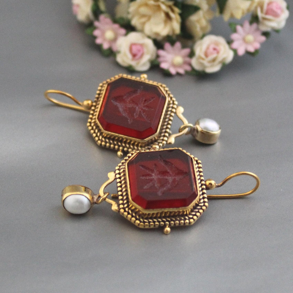Red Intaglio Crystal Earrings, Victorian Style