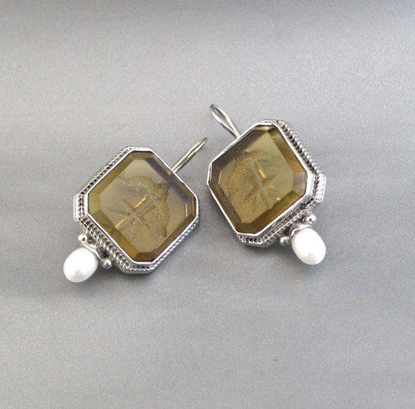 Yellow Intaglio Earrings, Victorian Dangles, Gold