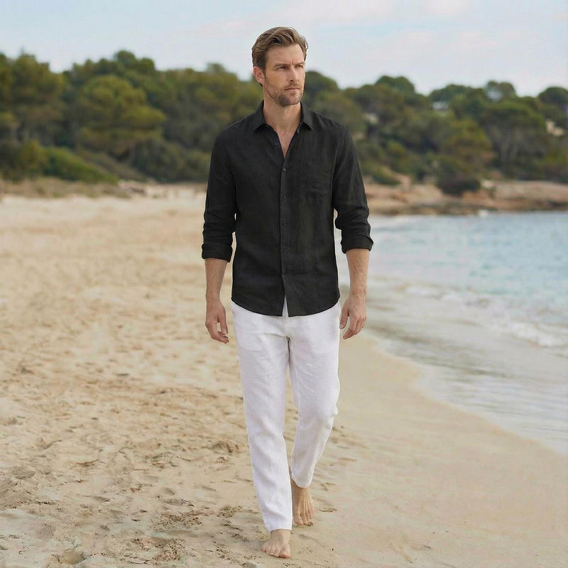 Men's Linen Shirt, Bohemian Long Sleeve Casual Top, Mens Summer Pure Linen Button Shirt