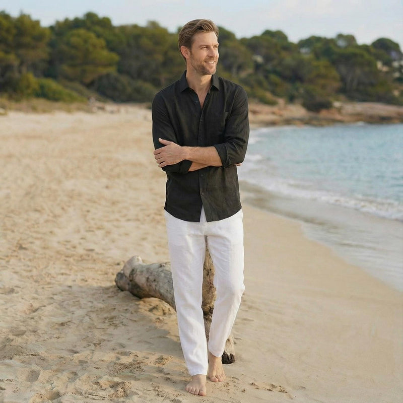 Men's Linen Shirt, Bohemian Long Sleeve Casual Top, Mens Summer Pure Linen Button Shirt